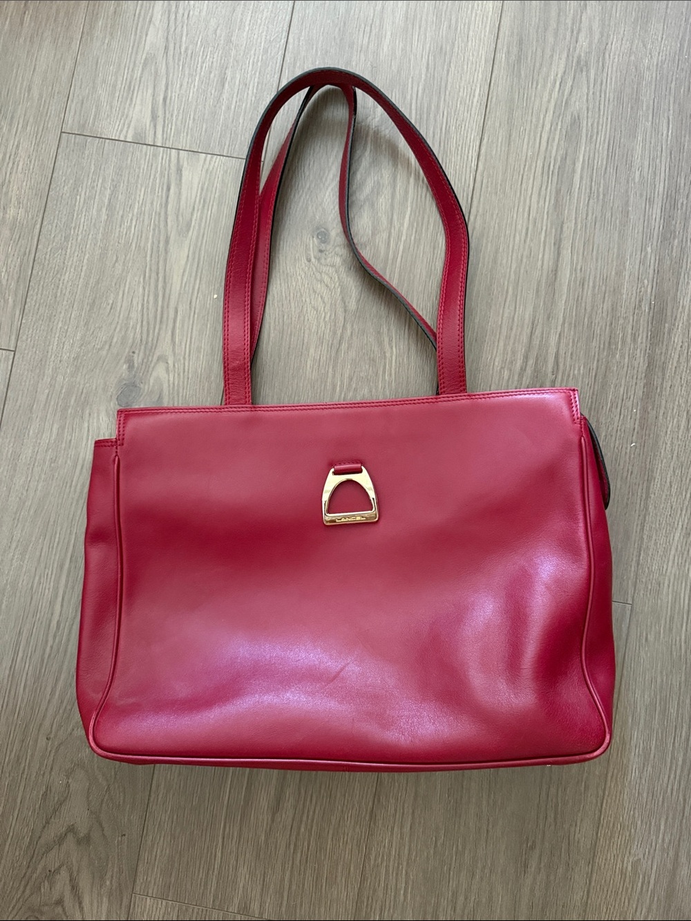Vintage Lancel Red Leather Shoulder Tote Bag with Gold Accent